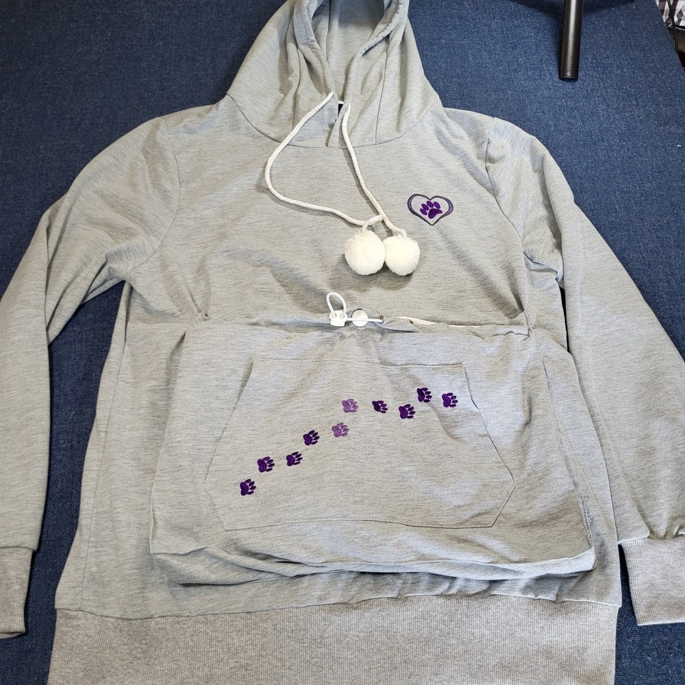 The Animal Rescue Site Pet Carrier Pouch Hoodie Gray Purple Paw Prints Large